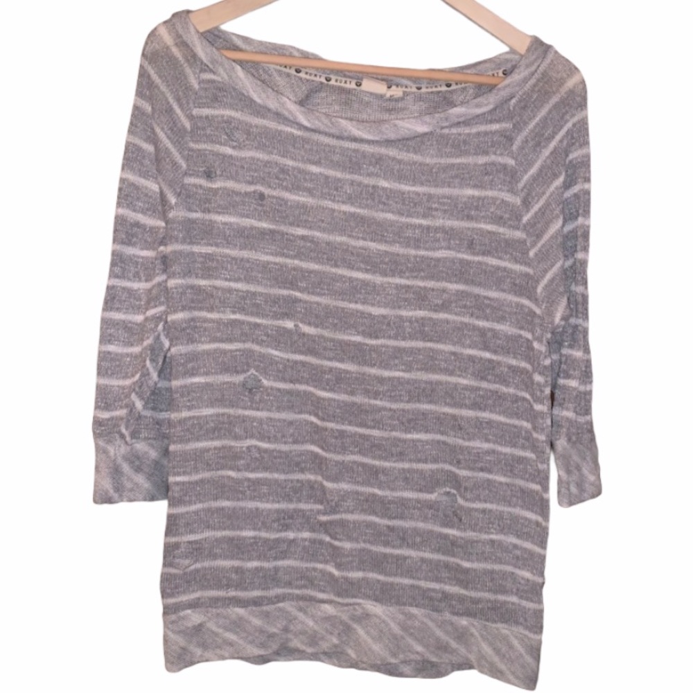 Light Grey & White Striped Distressed Knit Sweater
